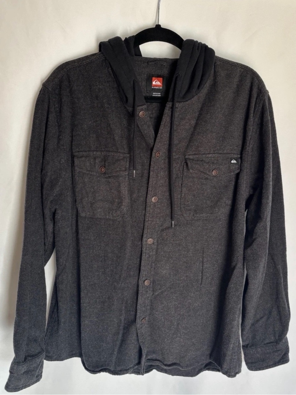 Quiksilver Mens Flannel Hoodie Shirt Size L Gray Button Down Y2K Vintage Skate